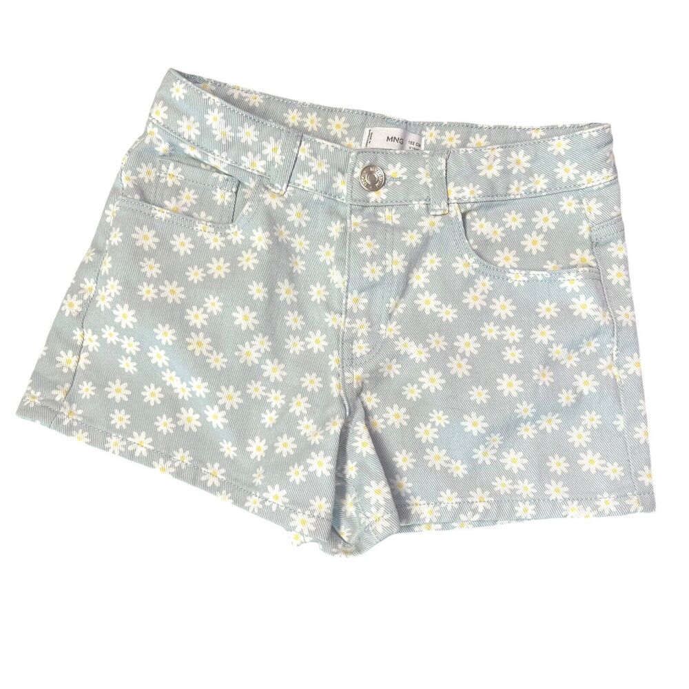 MNG Mango Girls Size 12 Years 152cm Daisy Print Light Blue Denim Shorts